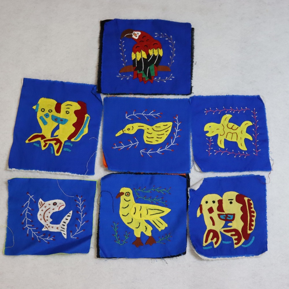 7-5x5" Mola Applique Fabric Squares OS‎ Blue Unisex Animal Art Handmade